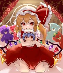 Rule 34 | 1girl, bedroom, blonde hair, character doll, crystal wings, dress, flandre scarlet, hat, highres, hong meiling, hugging object, indoors, looking at viewer, medium hair, mob cap, on bed, patchouli knowledge, pointy ears, puffy short sleeves, puffy sleeves, red dress, red eyes, remilia scarlet, short sleeves, side ponytail, sitting, smile, solo, stuffed animal, stuffed toy, teddy bear, touhou, wariza, yuzumin