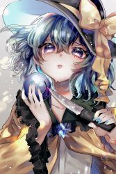 Rule 34 | 1girl, alternate eye color, black hat, blood, bow, collarbone, commentary request, crying, crying with eyes open, frilled shirt collar, frilled sleeves, frills, green hair, green nails, grey background, hair between eyes, hat, hat bow, highres, holding, holding knife, holding weapon, knife, koishi day, komeiji koishi, light particles, long sleeves, looking at viewer, nail polish, parted lips, pink blood, purple eyes, shirt, short hair, simple background, solo, suzune hapinesu, tears, third eye, touhou, upper body, weapon, wide sleeves, yellow bow, yellow shirt