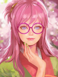 Rule 34 | 1girl, absurdres, anna lynn, artist name, borrowed character, chibi-oneechan, commission, fingernails, glasses, green kimono, green nails, hand on own face, highres, japanese clothes, kimono, lips, looking at viewer, nail polish, nose, original, pink hair, pink lips, purple-framed eyewear, round eyewear, solo, watermark