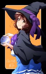 Rule 34 | 1girl, black cape, black hat, blue skirt, brown hair, cape, closed mouth, crystal ball, dated, from side, halloween, halloween costume, hat, hat ribbon, hibike! euphonium, highres, holding, jack-o&#039;-lantern, looking at viewer, looking to the side, nii manabu, orange background, orb, oumae kumiko, purple ribbon, ribbon, school uniform, shirt, short hair, signature, skirt, smile, solo, tareme, white shirt, witch, witch hat, yellow eyes