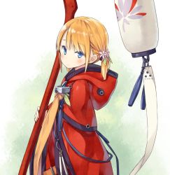 Rule 34 | 1girl, blonde hair, blue eyes, blush, cloak, closed mouth, flower, from side, hair flower, hair ornament, hood, hooded cloak, lantern, looking at viewer, low twintails, momiji (poko), original, poco (asahi age), short twintails, solo, staff, standing, swept bangs, twintails, twintails day, white background