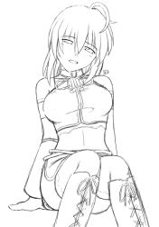 Rule 34 | 1girl, ahoge, arm support, boots, breasts, cross-laced footwear, greyscale, head tilt, kit (studio), large breasts, megurine luka, midriff, monochrome, navel, no pupils, short hair, simple background, sitting, sketch, solo, unfinished, vocaloid, white background
