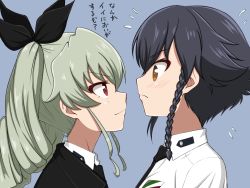 Rule 34 | &gt;:(, &gt;:), 2girls, anchovy (girls und panzer), anzio school uniform, black hair, black neckwear, black ribbon, blue background, blush, braid, brown eyes, cape, collared shirt, drill hair, embarrassed, eye contact, face-to-face, female focus, flying sweatdrops, from side, girls und panzer, green hair, hair between eyes, hair ribbon, long hair, looking at another, multiple girls, naughty face, neck, necktie, pepperoni (girls und panzer), red eyes, ribbon, ruka (piyopiyopu), school uniform, shirt, short hair, shy, sidelocks, simple background, single braid, smelling, smile, surprised, translated, twin drills, twintails, upper body, white shirt, yuri