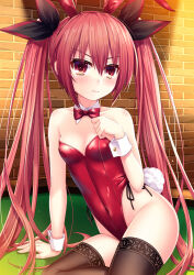 Rule 34 | 1girl, ahoge, animal ears, bow, bowtie, breasts, covered navel, date a live, detached collar, fake animal ears, fake tail, glaring, hair between eyes, hair ribbon, itsuka kotori, lace trim, leotard, long hair, looking at viewer, mayonaka underground, playboy bunny, rabbit tail, red bow, red bowtie, red eyes, red hair, ribbon, scowl, sitting, sitting on table, small breasts, solo, strapless, strapless leotard, tail, thighhighs, twintails, wrist cuffs