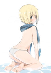 Rule 34 | 1girl, absurdres, ass, blonde hair, blue eyes, blush, breasts, emirio (emirio110), erica hartmann, highres, looking at viewer, looking back, panties, scarf, small breasts, solo, strike witches, topless, underwear, white panties, world witches series