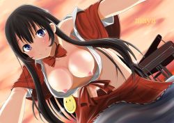 Rule 34 | 10s, 1girl, aoki hagane no arpeggio, black hair, blue eyes, breasts, breasts out, character name, cleavage, convenient censoring, highres, instrument, japanese clothes, ju (old505), large breasts, maya (aoki hagane no arpeggio), nipples, piano, smile, sunset