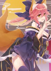 Rule 34 | 1girl, animal ears, bad id, bad pixiv id, blush, bow, breasts, cleavage, fang, fate/grand order, fate (series), fox ears, fox shadow puppet, fox tail, hair bow, highres, japanese clothes, large breasts, long hair, looking at viewer, looking to the side, open mouth, pink hair, solo, tail, tamamo (fate), tamamo no mae (fate/extra), yellow eyes, yukimiya yuge