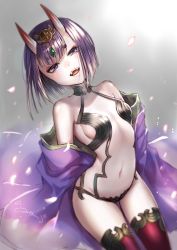Rule 34 | 1girl, bare shoulders, bob cut, breasts, cowboy shot, eyebrows, fangs, fate/grand order, fate (series), from above, glowing, grey background, hair ornament, head tilt, horns, japanese clothes, jewelry, kimono, leaning back, lma, looking at viewer, navel, off shoulder, oni, open clothes, open kimono, petals, purple eyes, purple hair, revealing clothes, shade, short hair, shuten douji (fate), sideboob, signature, simple background, skin-covered horns, small breasts, smile, solo, teeth, thighhighs, tongue
