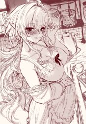 Rule 34 | 1girl, ahoge, apron, bare shoulders, breasts, cleavage, collarbone, dress, fate/grand order, fate/prototype, fate (series), gown, greyscale, highres, kitchen, large breasts, licking lips, long hair, looking at viewer, m-da s-tarou, merlin (fate/prototype), monochrome, off shoulder, pointy ears, pregnant, sketch, smile, tongue, tongue out, very long hair