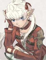 Rule 34 | 1girl, alisaie leveilleur, alternate hairstyle, blue eyes, blush, elezen, elf, final fantasy, final fantasy xiv, fingerless gloves, gloves, grey background, hair ribbon, hand on own face, highres, jacket, long hair, nomu poncha, parted lips, pointy ears, red gloves, red jacket, red ribbon, ribbon, solo, squatting, twintails, white hair