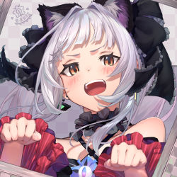 Rule 34 | 1girl, animal ears, bad id, bad pixiv id, bare shoulders, black ribbon, blunt bangs, cat ears, detached sleeves, frills, hair ribbon, highres, hololive, looking at viewer, murasaki shion, murasaki shion (gothic lolita), nonca, open mouth, paw pose, ribbon, sidelocks, solo, virtual youtuber, white hair