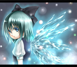 Rule 34 | 1girl, bad id, bad pixiv id, blue eyes, blue hair, blue theme, bow, cirno, female focus, glowing, hair bow, ice, ice wings, letterboxed, looking back, matching hair/eyes, open mouth, puffy sleeves, short hair, short sleeves, solo, takemori shintarou, touhou, upper body, wings