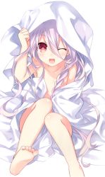 Rule 34 | 10s, 1girl, absurdres, barefoot, bed sheet, collarbone, date a live, feet, flat chest, highres, long hair, nude, official art, one eye closed, open mouth, pink hair, red eyes, scan, simple background, soles, solo, sonogami rio, toes, tsunako, white background