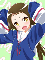 Rule 34 | 1girl, :d, brown hair, green background, loliconder, long hair, mikakunin de shinkoukei, mitsumine mashiro, open mouth, school uniform, short hair with long locks, sleeves past wrists, smile, solo, yellow eyes