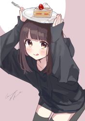 Rule 34 | 1girl, :q, absurdres, arms up, black hoodie, black thighhighs, blush, brown background, brown eyes, brown hair, cake, cake slice, closed mouth, commentary request, drawstring, food, fork, highres, holding, holding fork, holding plate, hood, hood down, hoodie, long sleeves, looking at viewer, nanase kurumi (menhera-chan), original, plate, pomu (joynet), seiza, signature, sitting, sleeves past wrists, smile, solo, thighhighs, tongue, tongue out, two-tone background, white background