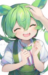 Rule 34 | 1girl, 1other, blush, closed eyes, dated, facing viewer, green hair, green skirt, gunjou row, hair between eyes, highres, long hair, open mouth, shirt, short sleeves, signature, simple background, skirt, smile, solo focus, suspender skirt, suspenders, upper body, vocaloid, voicevox, white background, white shirt, zundamon