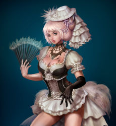 Rule 34 | 1girl, aragaya, blonde hair, breasts, cleavage, corset, cowboy shot, cross, elbow gloves, hand fan, frills, gloves, green eyes, hat, jewelry, large breasts, miniskirt, necklace, skirt, solo, tattoo, victorian