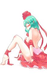 Rule 34 | 1girl, ankle ribbon, ass, bare back, bare shoulders, barefoot, blush, breast suppress, breasts, clothes down, commentary, covered erect nipples, frills, green eyes, green hair, hair ribbon, highres, kagiyama hina, large breasts, leg ribbon, looking at viewer, neck ribbon, non (z-art), off shoulder, one-hour drawing challenge, ribbon, simple background, solo, touhou, undressing, white background