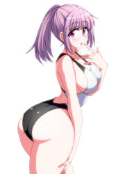 Rule 34 | 1girl, ass, breasts, commentary request, competition swimsuit, finger to mouth, hand on own thigh, high ponytail, huge ass, large breasts, looking at viewer, looking back, one-piece swimsuit, original, purple eyes, purple hair, sideboob, sidelocks, simple background, solo, swimsuit, white background, zetsumu