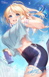 Rule 34 | 1girl, ayase eli, bike shorts, blonde hair, blue eyes, blue shirt, bottle, bra, bra peek, breasts, clothes lift, commentary request, dated, floating hair, flying sweatdrops, from below, from side, hair ornament, hair scrunchie, highres, hozumi kaoru, large breasts, leaning forward, light blush, linea alba, long hair, looking at viewer, love live!, midriff peek, navel, outdoors, ponytail, scrunchie, shirt, shirt lift, short shorts, shorts, signature, sky, solo, stomach, sunlight, sweat, swept bangs, tareme, underwear, water bottle, water drop, wristband
