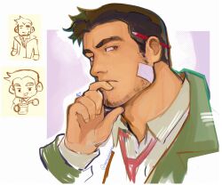 Rule 34 | 1boy, ace attorney, adam&#039;s apple, bandage on face, bandages, black hair, border, chibi, chibi inset, closed mouth, collared shirt, cropped shoulders, dick gumshoe, fingernails, food, green jacket, highres, holding, holding food, jacket, looking to the side, male focus, messyinklines, necktie, opening can, pencil behind ear, red necktie, shirt, short hair, sideburns, sparse stubble, thinking, white border, white shirt