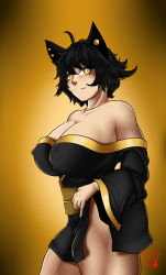 Rule 34 | 1girl, absurdres, animal ears, black hair, breasts, cat ears, cat girl, cleavage, clothes lift, dress, dress lift, highres, kali belladonna, large breasts, legs, lifted by self, looking at viewer, mature female, no panties, rwby, short hair, smile, suicidetoto, teasing, thick thighs, thighs, yellow eyes