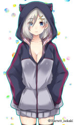 Rule 34 | alternate costume, animal ears, animal hood, baretto (firearms 1), black thighhighs, blue eyes, blush, breasts, cat ears, cat hood, closed mouth, eyes visible through hair, hair between eyes, hair ornament, hair over one eye, hairclip, hamakaze (kancolle), highres, hood, hoodie, kantai collection, large breasts, long sleeves, looking at viewer, short hair, thighhighs