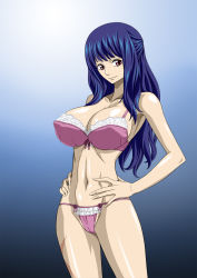 Rule 34 | 1girl, armpits, bare shoulders, blue hair, bra, breasts, cleavage, ein (one piece), gradient background, hands on own hips, highres, large breasts, legs, long hair, looking at viewer, navel, nel-zel formula, one piece, one piece film: z, panties, pink bra, pink panties, red eyes, scar, simple background, smile, solo, standing, thighs, underwear