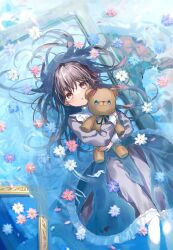 Rule 34 | 2girls, blue eyes, blush, braid, brown hair, commentary request, crying, crying with eyes open, different reflection, dress, floating, flower, highres, kaisake (utp), long hair, looking at viewer, lying, multiple girls, original, pantyhose, parted lips, partially submerged, picture frame, red eyes, red ribbon, reflection, reflective water, ribbon, seiran (sake (utopia modoki)), shuan (sake (utopia modoki)), siblings, side braid, solo, stuffed animal, stuffed toy, tears, teddy bear, twins, water, white pantyhose