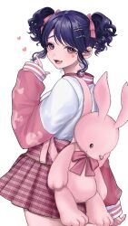 Rule 34 | 1girl, animal bag, blue hair, blush, commentary request, dark blue hair, facepaint, fang, fukumaru koito, hair ribbon, heart, highres, idolmaster, idolmaster shiny colors, long sleeves, looking at viewer, looking to the side, opuka, pleated skirt, rabbit bag, red skirt, ribbon, shirt tucked in, sidelocks, simple background, skin fang, skirt, smile, solo, twintails, two-tone shirt, wavy hair, white background