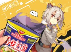 Rule 34 | 1girl, ahoge, cape, closed mouth, grey hair, hair ornament, highres, lino-lin, long hair, long sleeves, low ponytail, nissin, nissin cup noodle, pleated skirt, red eyes, red skirt, ryuujou (warship girls r), skirt, smile, trembling, uniform, warship girls r