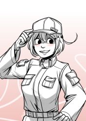 Rule 34 | 1girl, adjusting clothes, adjusting headwear, ae-3803, ahoge, alternate costume, alternate eye color, alternate hair color, artist name, averting eyes, baseball cap, belt, black eyes, blush, bob cut, breast pocket, breasts, colored skin, commentary, cosplay, dress shirt, embarrassed, empty eyes, english commentary, gloves, gradient background, hair between eyes, halftone texture, hand on own hip, hat, hataraku saibou, highres, keydima, long sleeves, looking to the side, medium breasts, open mouth, pale skin, pants, pink background, pocket, shaded face, shirt, short hair, signature, smile, solo, uniform, upper body, white background, white belt, white blood cell (hataraku saibou), white blood cell (hataraku saibou) (cosplay), white gloves, white hair, white hat, white pants, white shirt, white skin