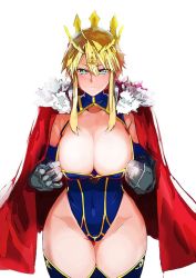 Rule 34 | 1girl, artoria pendragon (fate), artoria pendragon (lancer) (fate), blonde hair, blue eyes, blue thighhighs, breasts, cape, cleavage cutout, clothing cutout, covered navel, cowboy shot, crown, fate/grand order, fate (series), fur trim, gauntlets, hair between eyes, heattech leotard, highleg, highleg leotard, huge breasts, leotard, looking at viewer, ruuto (sorufu), sidelocks, simple background, solo, thighhighs, thighs, turtleneck, white background