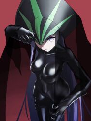 Rule 34 | 1girl, black bodysuit, bodysuit, breasts, fate/grand order, fate (series), gimp suit, green ribbon, hair ribbon, headdress, highres, kingprotea (fate), latex, latex bodysuit, long hair, looking at viewer, medium breasts, noa0000, purple eyes, purple hair, red background, ribbon, shiny clothes, skin tight, solo, tongue, tongue out, veil, very long hair, xochitonal (fate)