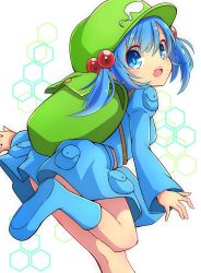 Rule 34 | 1girl, backpack, bag, blue eyes, blue footwear, blue hair, blue skirt, boots, from side, green hat, hair bobbles, hair ornament, hat, highres, inon, juliet sleeves, kawashiro nitori, long sleeves, looking at viewer, open mouth, pouch, puffy sleeves, rubber boots, skirt, skirt set, solo, touhou, twintails