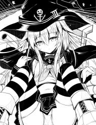Rule 34 | 10s, 1girl, ai takurou, anchor symbol, blush, crotch seam, greyscale, halloween, hat, hibiki (kancolle), jack-o&#039;-lantern, kantai collection, leaning back, long hair, looking at viewer, midriff, monochrome, navel, panties, pantyshot, school uniform, sitting, solo, striped clothes, striped thighhighs, tagging in progress, thighhighs, underwear, upskirt, witch hat