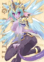 Rule 34 | 1girl, :o, animal hands, armor, beige background, blue hair, blush, breasts, claws, colored skin, dark-skinned female, dark skin, fang, fins, frost demon (p&amp;d), fur, green hair, head fins, hellice frost demon (p&amp;d), horns, large breasts, looking at viewer, monster girl, nail, nipples, parted lips, purple eyes, purple skin, puzzle &amp; dragons, scales, shoulder pads, simple background, solo, tail, text background, tsurusaki takahiro, wings