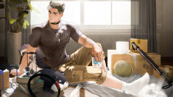 Rule 34 | 1boy, absurdres, animal ears, bara, black choker, black hair, brown pants, cat boy, cat ears, cat tail, choker, closed mouth, cup, drinking straw, grey shirt, highres, holding, holding cup, indoors, jewelry, large pectorals, male focus, multicolored hair, muscular, muscular male, nanyu1998, necklace, original, pants, pants rolled up, pectorals, shirt, short hair, sitting, solo, stuffed animal, stuffed toy, tail, two-tone hair, white hair, window