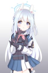 Rule 34 | 1girl, animal ears, blue archive, body armor, commentary request, gloves, hair between eyes, halo, headphones, highres, langley1000, long hair, miyako (blue archive), open mouth, purple eyes, rabbit ears, revision, school uniform, side ponytail, simple background, vest, white hair