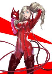 Rule 34 | 10s, 1girl, adjusting hair, arm up, bad id, bad pixiv id, black footwear, blonde hair, blue eyes, bodysuit, boots, breasts, cleavage, cleavage cutout, clothing cutout, cowboy shot, earrings, fake tail, fox mask, gloves, grin, hand up, holding, holding mask, holding weapon, jewelry, legs apart, lipstick, long hair, maekawa yuichi, makeup, mask, unworn mask, medium breasts, multicolored hair, persona, persona 5, pink gloves, pink lips, red background, red footwear, red thighhighs, silver hair, smile, solo, standing, stud earrings, swept bangs, tail, takamaki anne, thigh boots, thighhighs, turtleneck, twintails, two-tone hair, weapon, whip, white background, zipper
