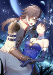 Rule 34 | 1boy, 1girl, alexmaster, armor, black gloves, black hair, breasts, brown eyes, brown hair, cleavage, collarbone, elbow gloves, closed eyes, field, flower, flower field, gloves, hair ornament, highres, jewelry, long hair, medium breasts, moon, necklace, open mouth, original, outdoors, ponytail, shoulder armor, pauldrons, twintails