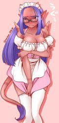 Rule 34 | 1girl, apron, bare shoulders, black-framed eyewear, blush, bow, breast hold, breasts, cleavage, closed mouth, clothes pull, collarbone, colored skin, demon girl, demon horns, demon tail, detached sleeves, dragon quest, dragon quest x, dress, dress pull, embarrassed, eyelashes, facing away, forehead, frilled sleeves, frills, hair intakes, horns, knees together feet apart, long hair, looking away, looking to the side, maid apron, maid headdress, medium breasts, nekomura otako, nose blush, ogre (dq10), pink background, pink dress, puffy short sleeves, puffy sleeves, pulling own clothes, purple hair, red eyes, red skin, red skirt, semi-rimless eyewear, short dress, short sleeves, silhouette, simple background, skindentation, skirt, solo, spikes, straight hair, sweat, tail, tears, thighhighs, trembling, tsurime, twitter username, under-rim eyewear, white apron, white bow, white thighhighs, zettai ryouiki