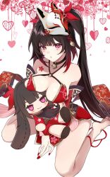 1girl bare_shoulders barefoot bell black_choker black_hair breasts character_doll choker collarbone commentary_request floral_background flower_tattoo fox_mask from_above highres holding holding_stuffed_toy honkai:_star_rail honkai_(series) japanese_clothes jingle_bell kimono large_breasts long_hair looking_at_viewer looking_up mask mask_on_head nail_polish neck_bell o-ring open_mouth red_eyes red_kimono red_nails saint_laurent_paris short_kimono shoulder_tattoo sitting solo sparkle_(doll)_(honkai:_star_rail) sparkle_(honkai:_star_rail) stuffed_toy tattoo twintails wariza white_background