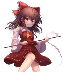Rule 34 | 1girl, ar (maeus), bare shoulders, blush, bow, brown hair, detached sleeves, feet out of frame, gohei, hair between eyes, hair bow, hair tubes, hakurei reimu, highres, holding, japanese clothes, long hair, nontraditional miko, open mouth, red bow, red eyes, red skirt, ribbon-trimmed sleeves, ribbon trim, sidelocks, simple background, skirt, smile, solo, teeth, touhou, upper teeth only, white background, white sleeves, wide sleeves