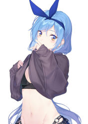 Rule 34 | 1girl, black bra, black sweater, blue hair, blue hairband, blush, borrowed character, bra, clothes lift, coffeekite, commentary, hairband, highres, lifting own clothes, long hair, looking at viewer, midriff, bae minah (chaesu), navel, original, simple background, solo, stomach, sweater, sweater lift, underwear, upper body, very long hair, white background