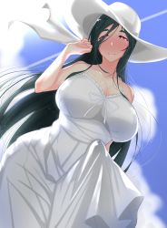 Rule 34 | 1futa, blush, breasts, bulge, cleavage, collarbone, dress, erection, erection under clothes, from below, futanari, green hair, hat, highres, huge penis, large breasts, long hair, looking at viewer, original, penis, red eyes, sky, smile, solo, sun hat, sundress, sweat, white dress, yudouhu300000