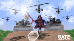 Rule 34 | 1girl, aircraft, armored vehicle, axe, black hair, breasts, caterpillar tracks, cloud, commentary request, epic, gate - jieitai ka no chi nite kaku tatakaeri, grass, gun, helicopter, highres, laughing, lolita fashion, long hair, military, military vehicle, motor vehicle, open mouth, red eyes, rory mercury, sky, solo, sun, sunlight, tami (tamisan113), tank, type 74 (tank), weapon