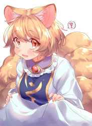 Rule 34 | !, 1girl, absurdres, animal ears, blonde hair, blush, breasts, brown eyes, commentary request, dress, fox ears, fox tail, frilled shirt collar, frills, highres, large breasts, looking at viewer, masanaga (tsukasa), multiple tails, no headwear, open mouth, short hair, simple background, solo, spoken exclamation mark, sweat, tabard, tail, touhou, upper body, white background, white dress, yakumo ran