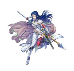Rule 34 | 1girl, armor, blue eyes, blue hair, breastplate, cape, elbow gloves, female focus, fingerless gloves, fire emblem, fire emblem: the blazing blade, fire emblem heroes, gloves, holding, holding polearm, holding weapon, isadora (fire emblem), long hair, matching hair/eyes, nintendo, official art, pelvic curtain, polearm, red thighhighs, shoulder armor, solo, sword, thighhighs, vambraces, weapon, white cape
