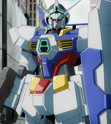 Rule 34 | 10s, armor, arms at sides, blue sky, blurry, building, city, day, depth of field, gundam, gundam age, gundam age-1, highres, horns, looking at viewer, mecha, no humans, outdoors, robot, screencap, shield, sky, upper body